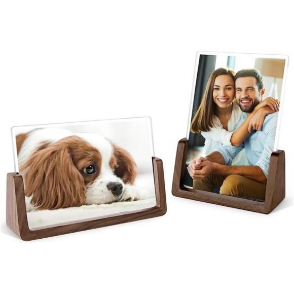 Picture Frame 2 Pack - Rustic Wooden Photo Frames with Walnut Wood Base - Picture 1 of 6